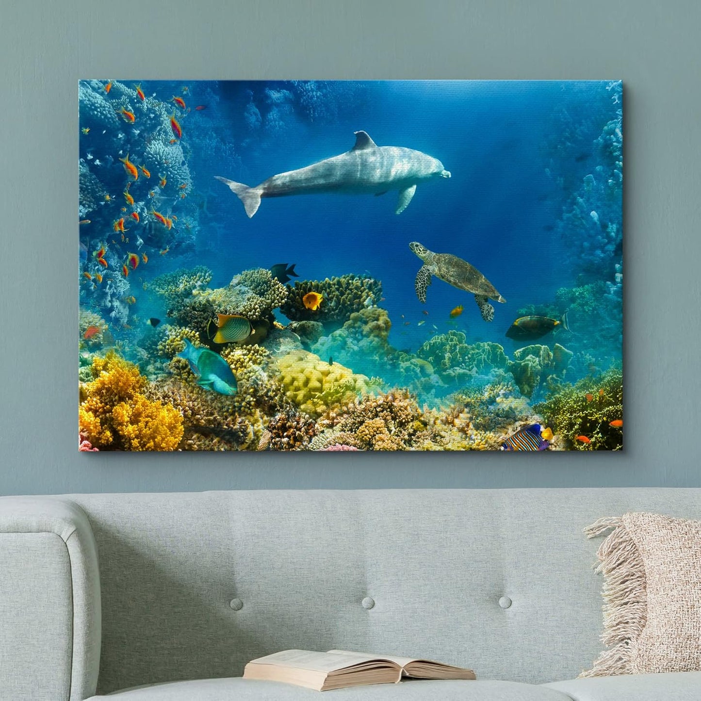 wall26 Canvas Print Wall Art Tropical Ocean Underwater Dolphin Coral Reef Nature Animals Photography Realism Rustic Scenic Landscape Wilderness Colorful for Living Room, Bedroom, Office - 24"x36"