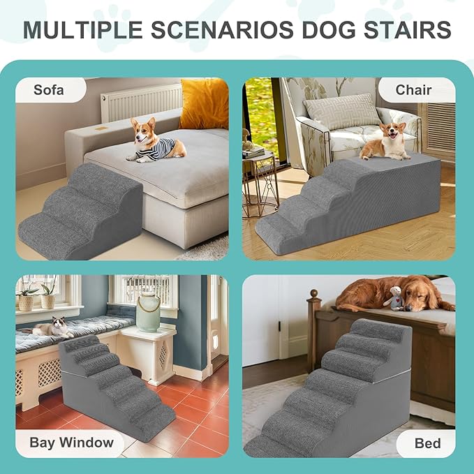 6-Step Dog Stairs for High Bed - 25.5" Adjustable Dog Ramps for Couch, Non-Slip Sturdy Pet Steps for Small Dogs, Washable Cover, Removable Modular Design, Dual 11” & 14.5” Steps for Custom Height