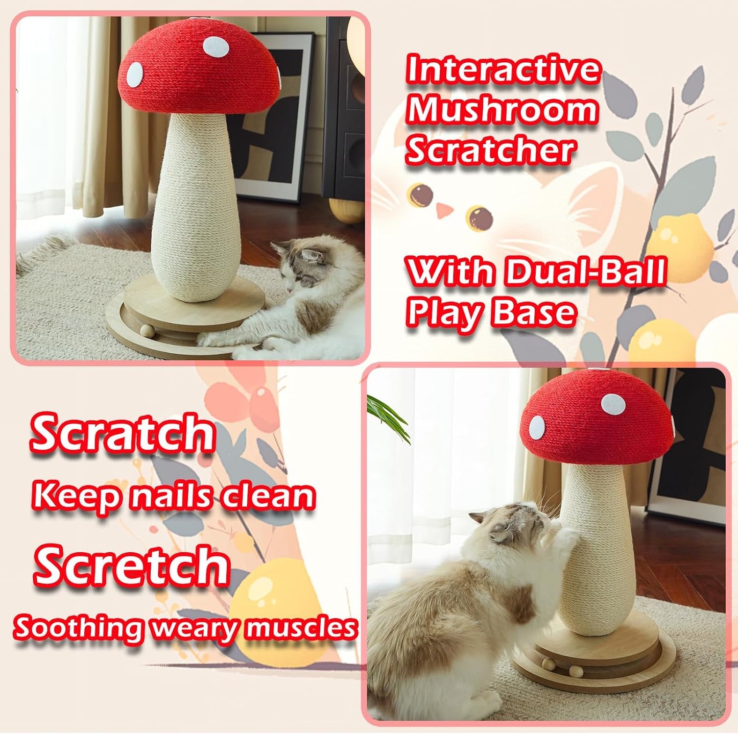 Cat Scratching Post Mushroom Cat Tree with Natural Sisal, Weighted Base & Interactive Ball - for Kittens to Adult Cats - Perfect for Indoor Cats (Red, Large 21 in, 7)