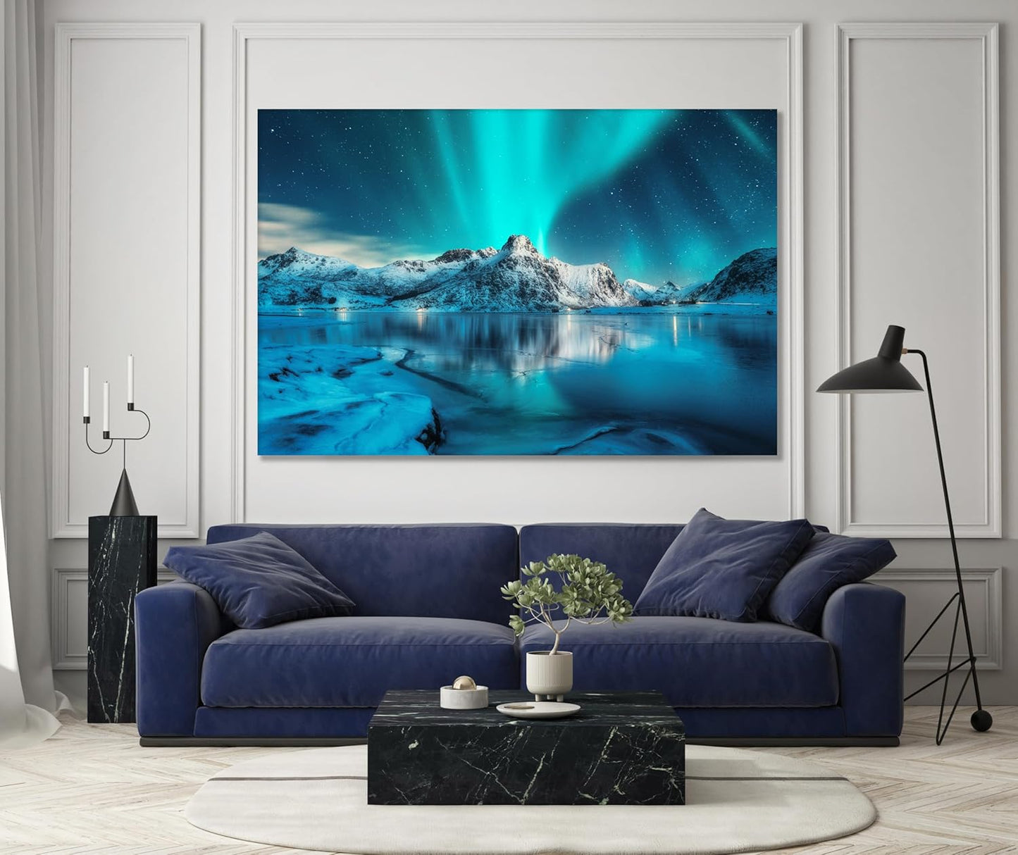 Nature Wall Art Prints - Ocean Forest Mountain Lake Canvas Landscapes - Small to Extra Large Living Room Bedroom Kitchen Bathroom Décor (Northern Lights Over Lake, 24L" x 36W")