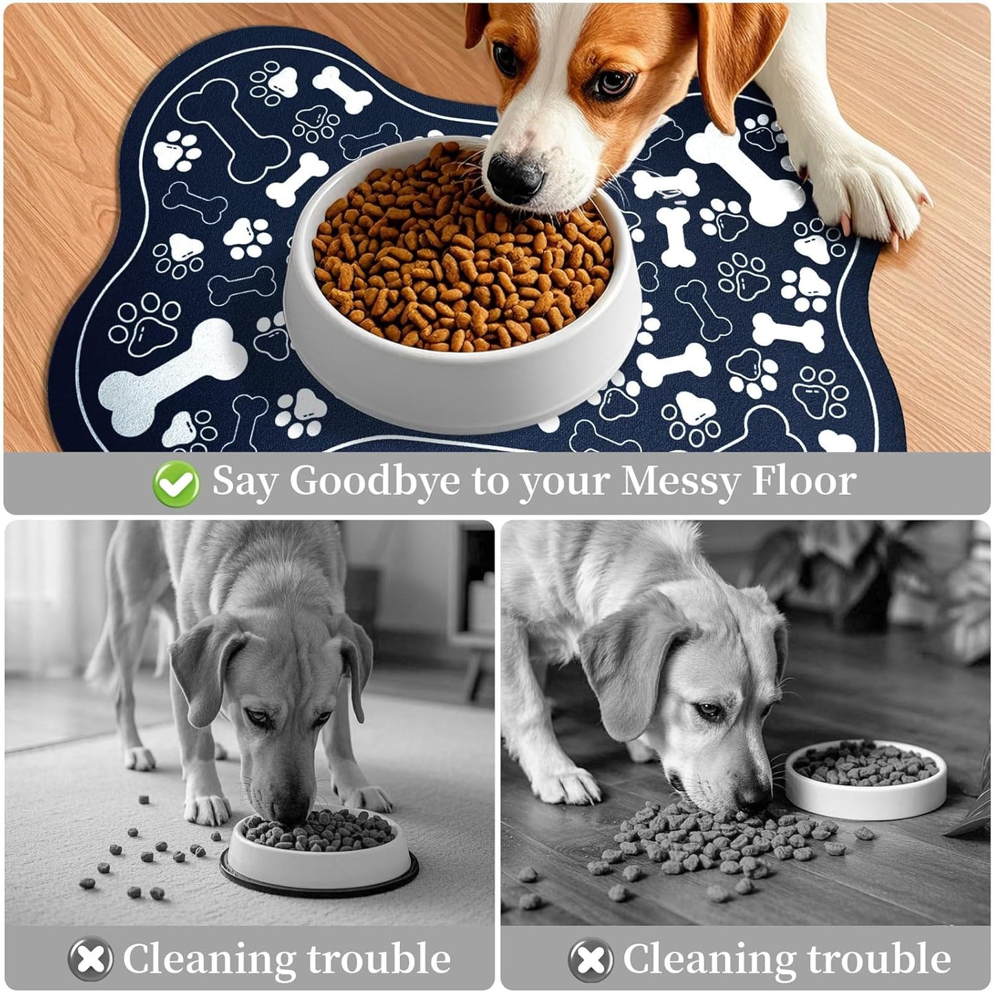 Dog & Cat Food Mat Bone Shaped Pet Feeding Mat Quick Absorb Water Bowl Placemat with Rubber Backing Indoor Floor Stain Resistant Pet Accessory Supplies (Blue, 17x29 Inches)
