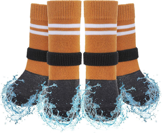 SCENEREAL Anti Slip Dog Boots & Paw Protectors for Hardwood Floor, Extended Dog Socks to Prevent Licking Paws, Waterproof Pet Snow Rain Shoe for Winter Large Senior Dogs, Khaki L