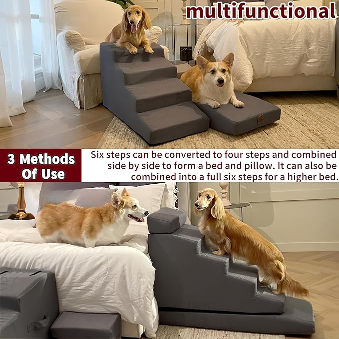 Dog Stair ramp for 30 inch high beds. 6-Step Dog Stair Ramp for 20 to 36 Inch Sofa Beds. Pet Steps for Small, Medium and Large Dogs. Non-Slip, Balanced and Portable. Multifunctional 6 Steps, Gray.