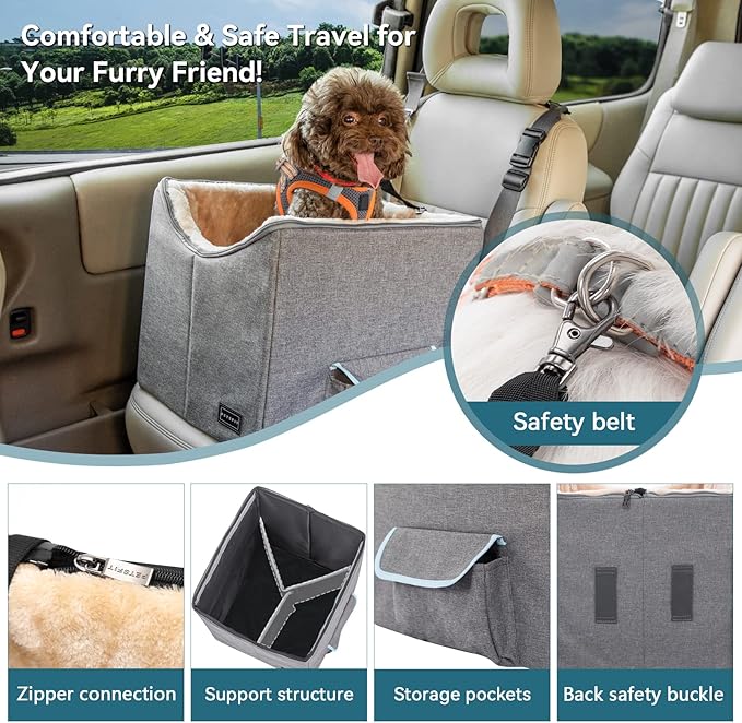 Petsfit Small Dog Car Seat, Pet Travel Car Booster Seat with Safety Belt, Washable Double-Sided Cushion and Storage Pocket for Small Pet (Small, Light Grey)