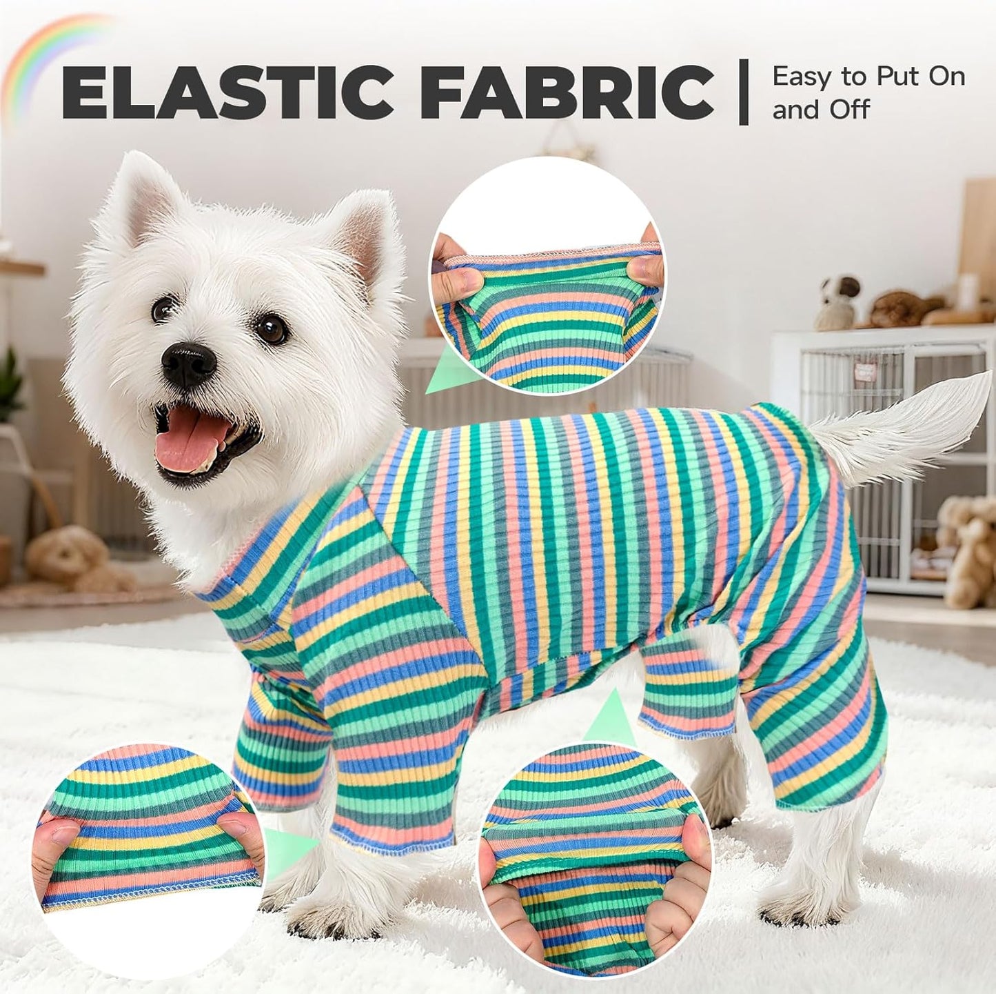 BAEJMJK Striped Dog Pajamas Stretchy Cute Four-Legged Boy Girl Dog Clothes with Sleeves Comfortable Dogs Jumpsuit Colorful Pet Puppy Outfits Apparel for Small Medium Dogs Cats(Green,XX-Large)