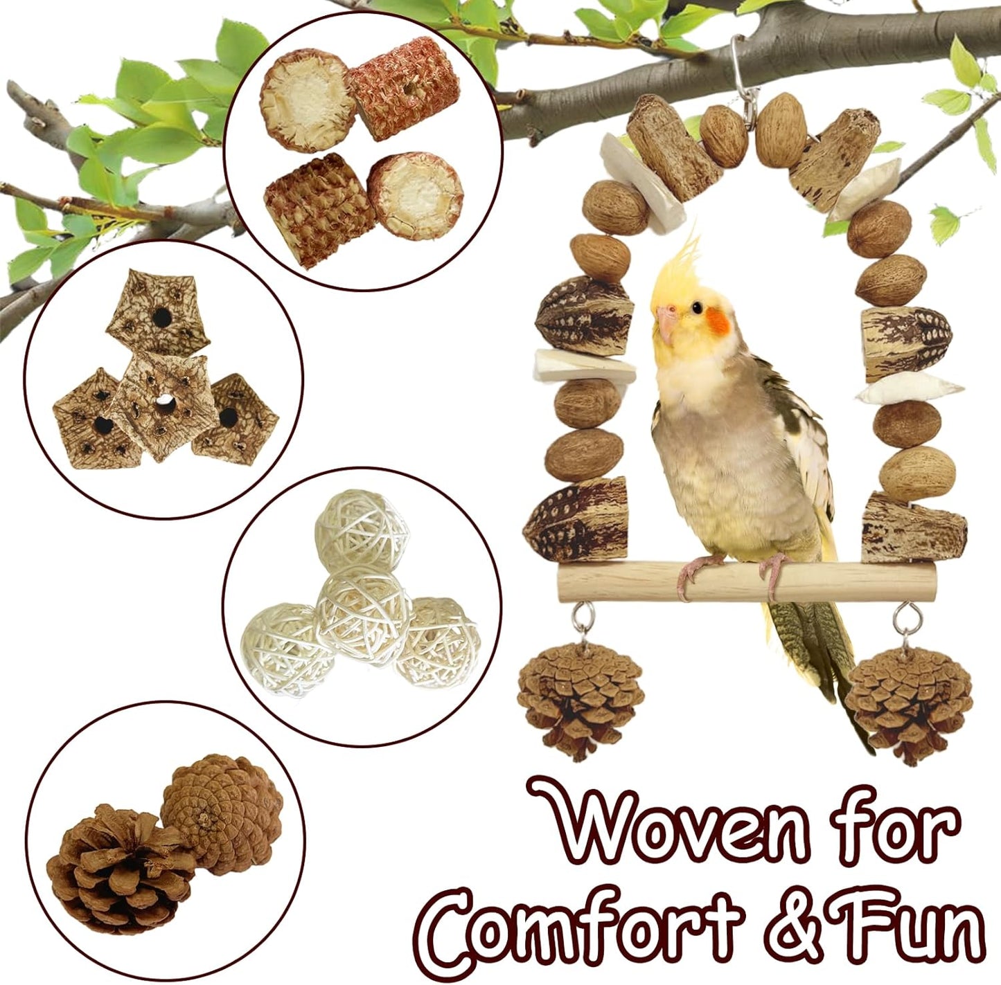 Nut Perch Stand with Interchangeable Materials – Natural, Safe Bird Playset for Beak Exercise & Mental Stimulation