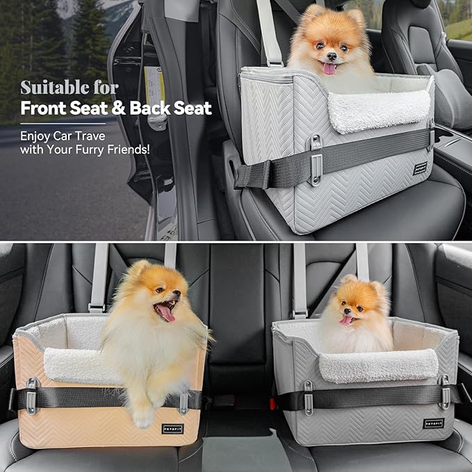 PETSFIT Dog Booster Car Seat, Waterproof PU Leather Dog Car Seats for Small Dogs with Patent Safe Buckles, Clip-On Leash, Pet Car Seat for Small Pets Up to 25lbs (Cool Grey)