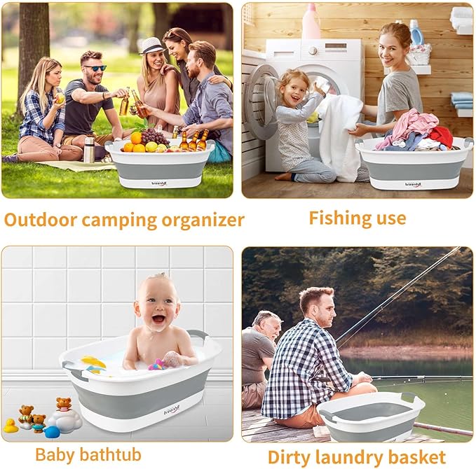 Collapsible Dog Bath Tub for Small Dogs & Cats, Portable Puppy Bath Tub with Water Drain Plug, Space Saving Foldable Pet Bathtub for Indoor & Outdoor Use, Grey