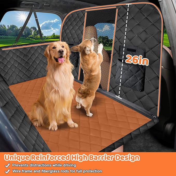 URPOWER High Barrier Back Seat Extender for Dogs, Hard Bottom Dog Car Seat Cover Holds 400 lbs, Waterproof Dog Hammock for Cars, SUV, Small Truck, Dogs Car Bed Pet Backseat Protector with Mesh Window