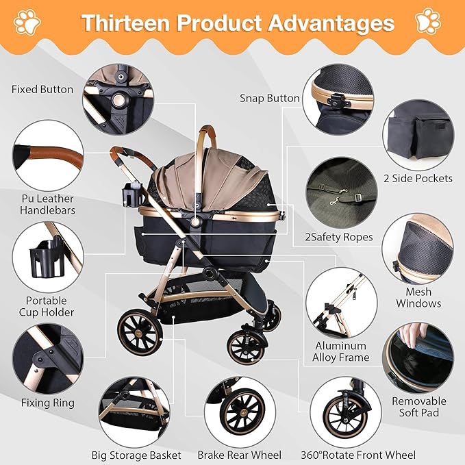 Dog Stroller for Small Medium Dogs, 3 in 1 Folding Pet Stroller Up to 33 lbs, 4 Wheels Pet Strolling Cart with Zipperless Entry, Cat Dog Travel Carrier with Cup Holder & Storage Basket