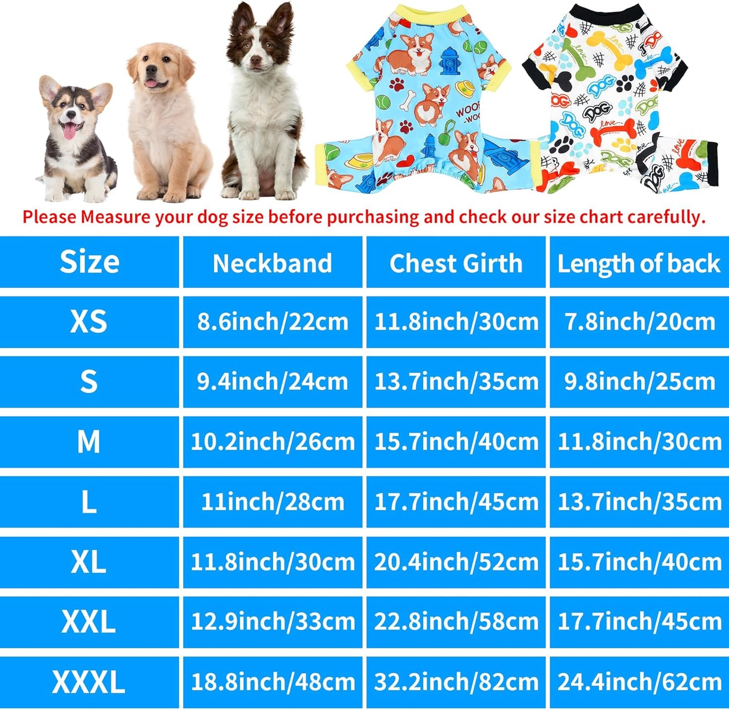 2PCS Dog Pajamas for XXXL Sized Dog Pjs Clothes Puppy Onesies Outfits Pet Jammies Boy Girl Male Female Apparel Soft Strechy Paw Bone Print XXXL