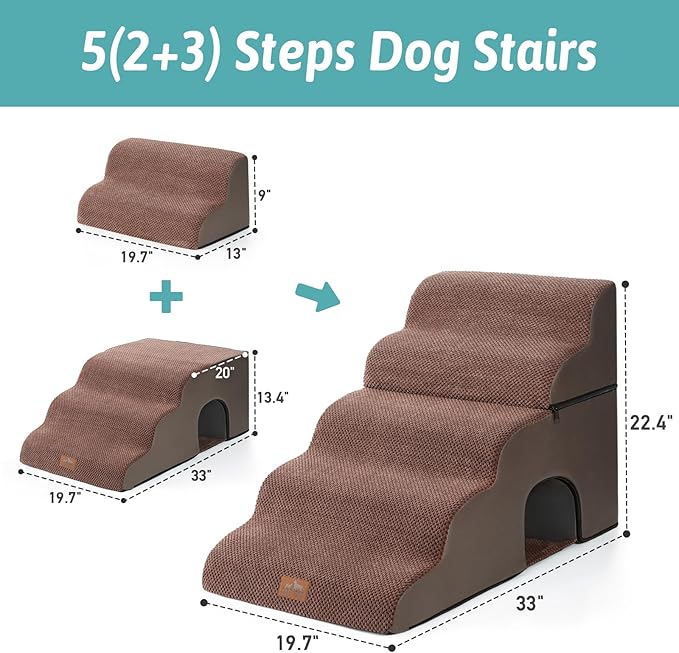 Wide Dog Stairs with Tunnel, Foam Detachable Large Dog Step for Small Pet, Puppy or Cats, Medium Pet Ramp for High Bed, Couch, Sofa or Car, 19.7x33x22.4 inch, 5 Step, Brown