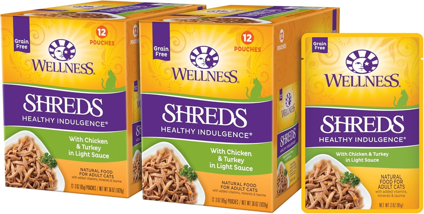 Wellness Healthly Indulgence Shreds Adult Wet Cat Food, Natural, Protein-Rich, Grain Free, 3 Ounce Pouch, 24 Pack, (Chicken & Turkey)