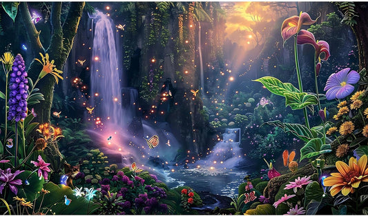 Fantasy Garden Aquarium Background Sunset Waterfall and Flowers Terrarium Backdrop Tropical Forest Lush Plant Magic Butterfly Lights Flowers Fish Tank Background Poster Decorations 36x24in