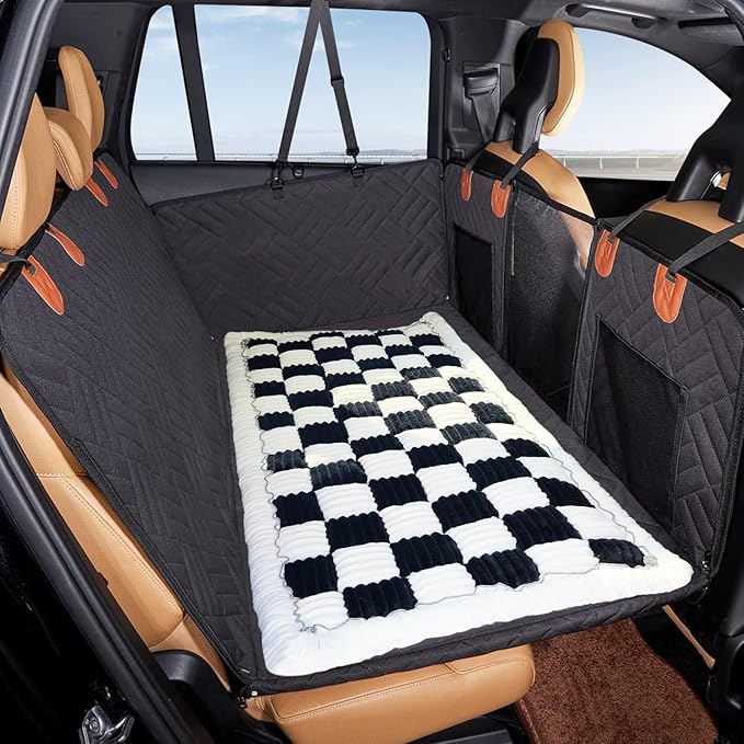 VClife Car Back Seat Cover for Dog, Non Slip Pet Bed Mat Washable Backseat Extender Cushion, Furry Dog Cat Travel Blanket Bed Modern White Black Plaid Bed, 51"×23.6"