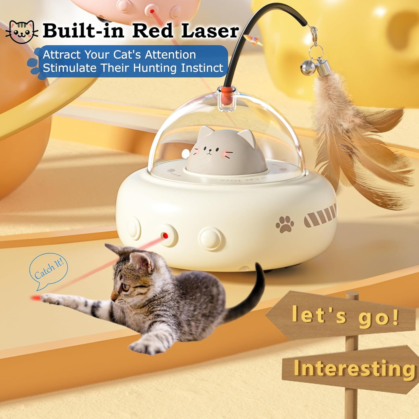 hooroor 2-in-1 UFO Laser Cat Toy – Automatic Motion with Feather, Rechargeable Smart Sensor Interactive Toy for Indoor Cats & Dogs, Fun Exercise & Play, Perfect Pet Gift