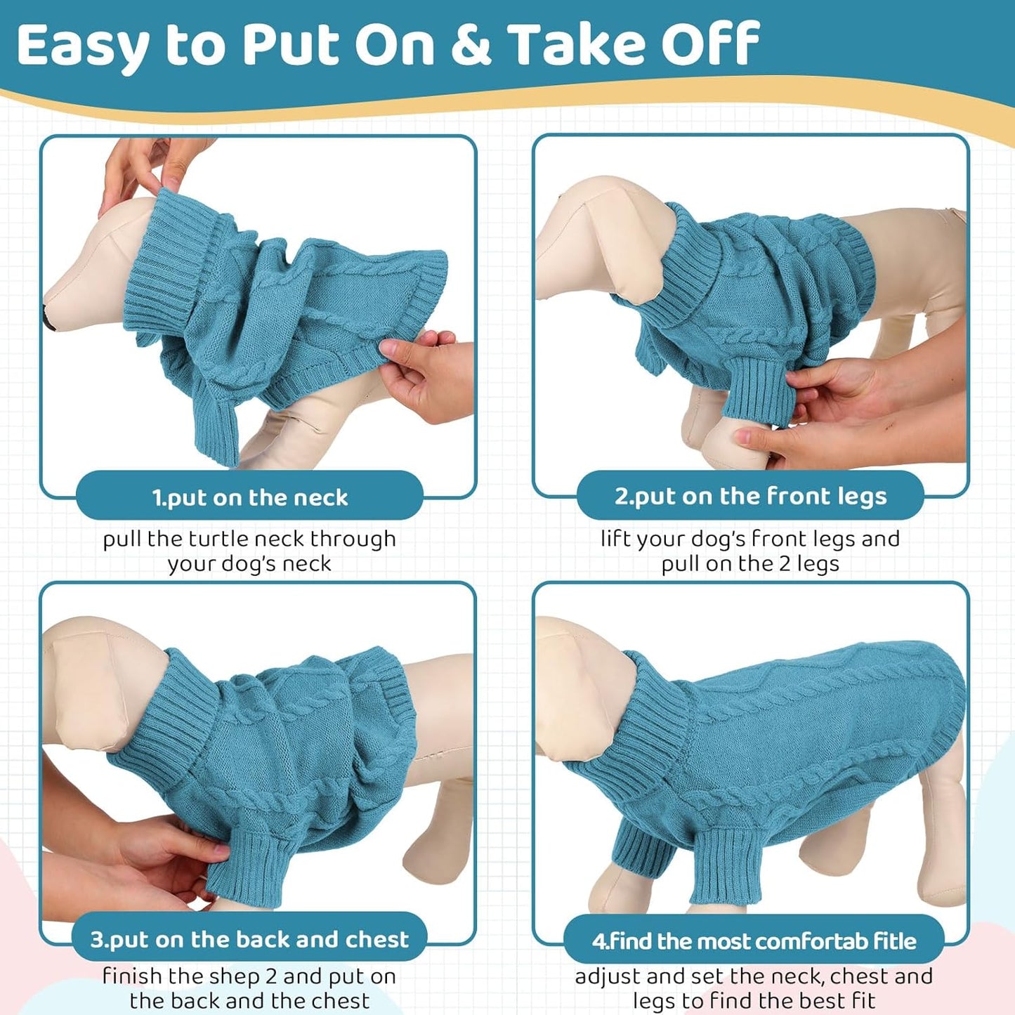 Queenmore Small Dog Pullover Sweater, Cold Weather Cable Knitwear, Classic Turtleneck Thick Warm Clothes for Chihuahua, Bulldog, Dachshund, Pug (Peacock Blue, Large)