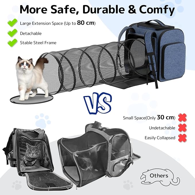 Pawtners Cat Carrier Backpacks Expandable Pet Backpack with Breathable Mesh, Pet Carrier Backpack for Cats Small Dogs Puppies Up to 18 Lbs, Dog Carrier Backpack for Travel Hiking Camping Outdoor Blue