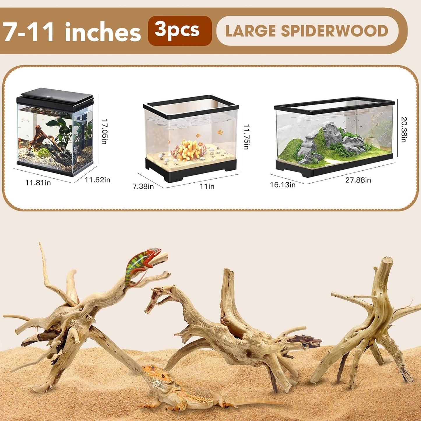 Natural Large Spiderwood Driftwood for Aquarium Decor Rptile Fish Tank Decoration Assort Branch 7-11'' 3 Pcs