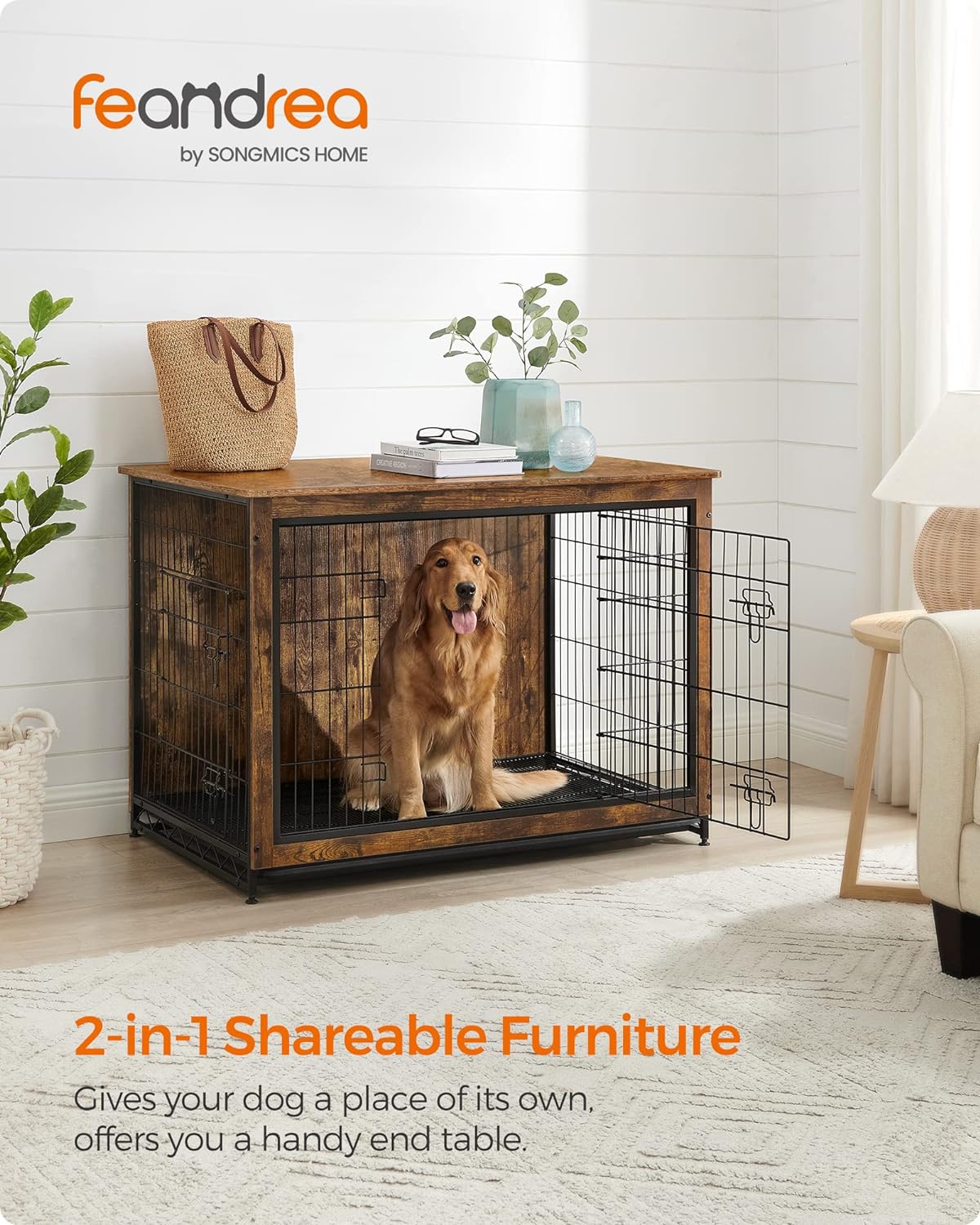 Feandrea Dog Crate Furniture, 44.1" Side End Table, Modern Kennel for Dogs Indoor up to 80 lb, Heavy-Duty Dog Cage with Multi-Purpose Removable Tray, Double-Door Dog House, Rustic Brown UPFC004X01