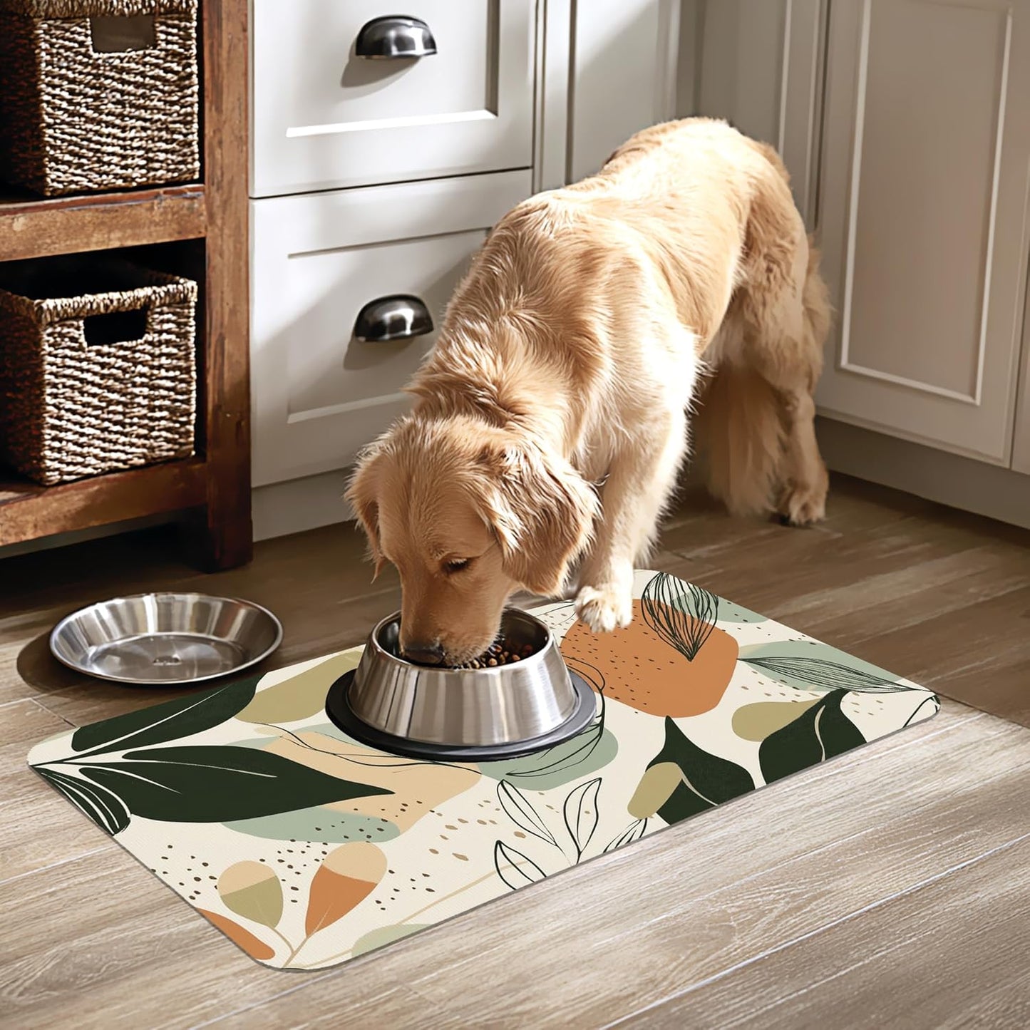 Abstract Boho Leaves Dog Food Mat-Absorbent Pet Feeding Mat for Food and Water Bowl, Quick Dry Dog Placemat with Rubber Backing-No Stains Pet Supplies for Messy Drinkers 12"x20"