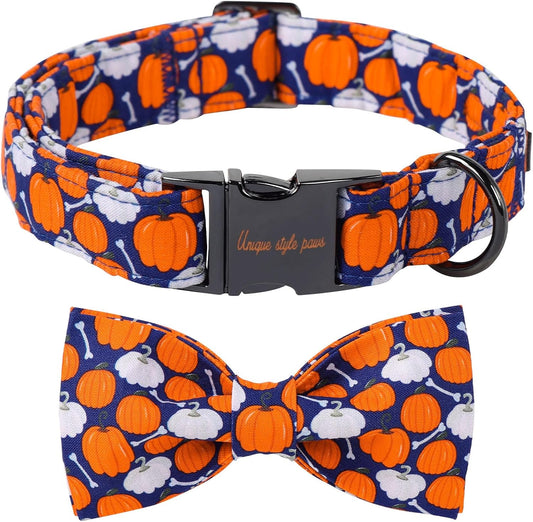 Unique Style Paws Halloween Day Dog Collar with Bow Bone Pumpkin Cotton Dog Collars for Small Medium Large Dogs