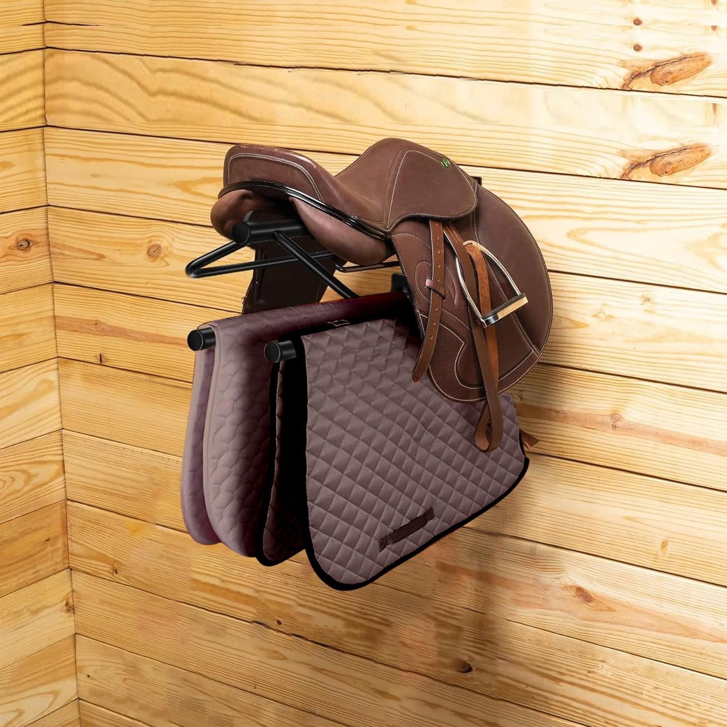 2Pcs Saddle Rack with Double Pad Bar,Heavy Duty Wall Mounted Saddle Rack Stand Saddle Pad Rack for English and Western Saddles,23.8x12.6x7.5 Inches