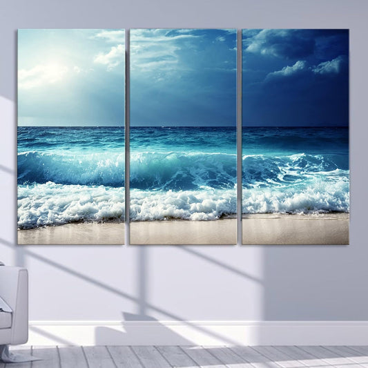Nature Wall Art Prints - Ocean Forest Mountain Lake Canvas Landscapes - Small to Extra Large Living Room Bedroom Kitchen Bathroom Décor (Summer Ocean Beach, 31L" x 47W" - 3 Panels)
