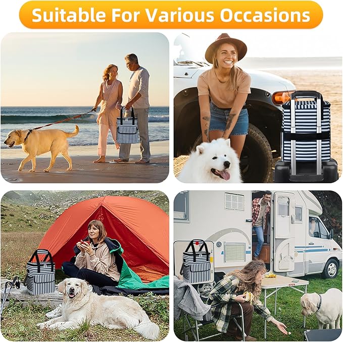 Dog Travel Bag for Camping - Pet Travel Accessories with 2 Collapsible Bowls, 2 Food Containers & Waterproof Feeding Mat - Portable Dog Carrier, Stripe (Small)