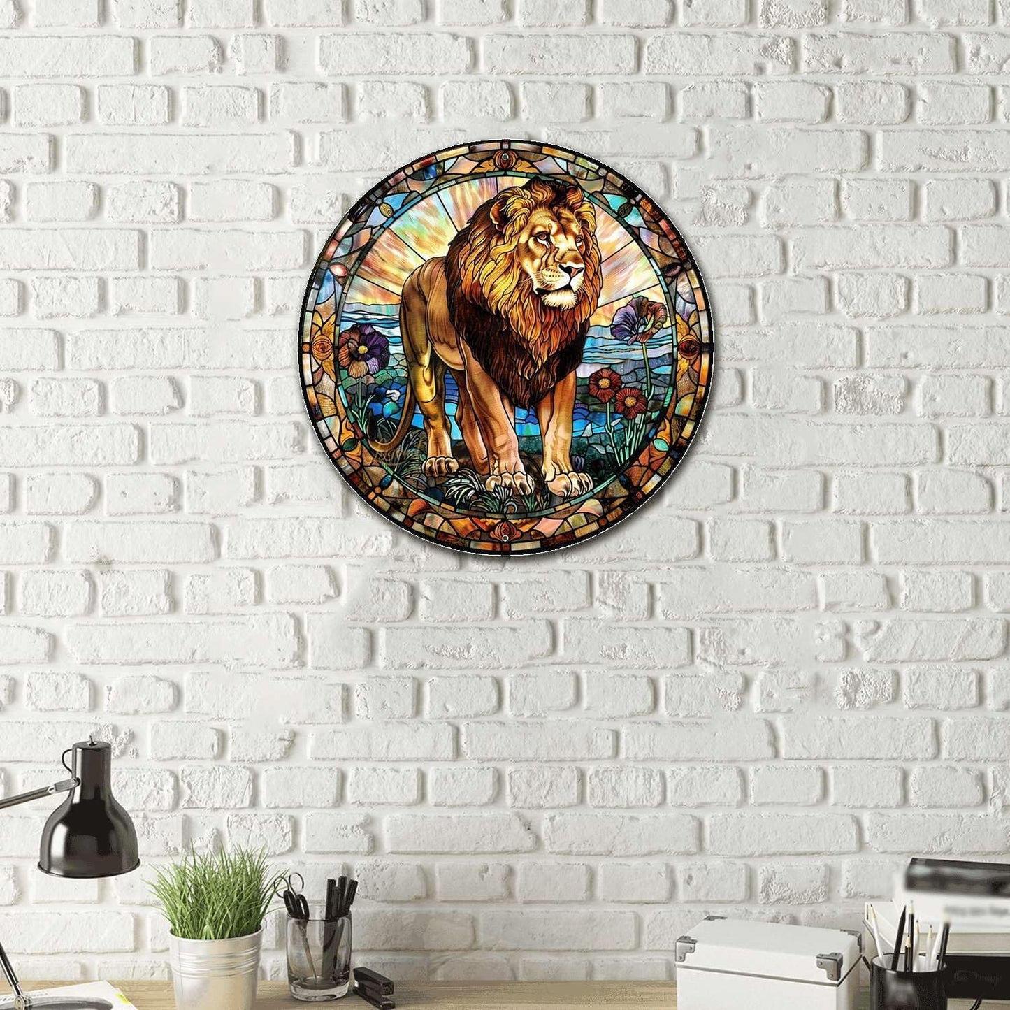 Lygond Metal Sign Tin Sign Circular Stained Glass Lion Garden Metal Sign for Club 12×12 Inches