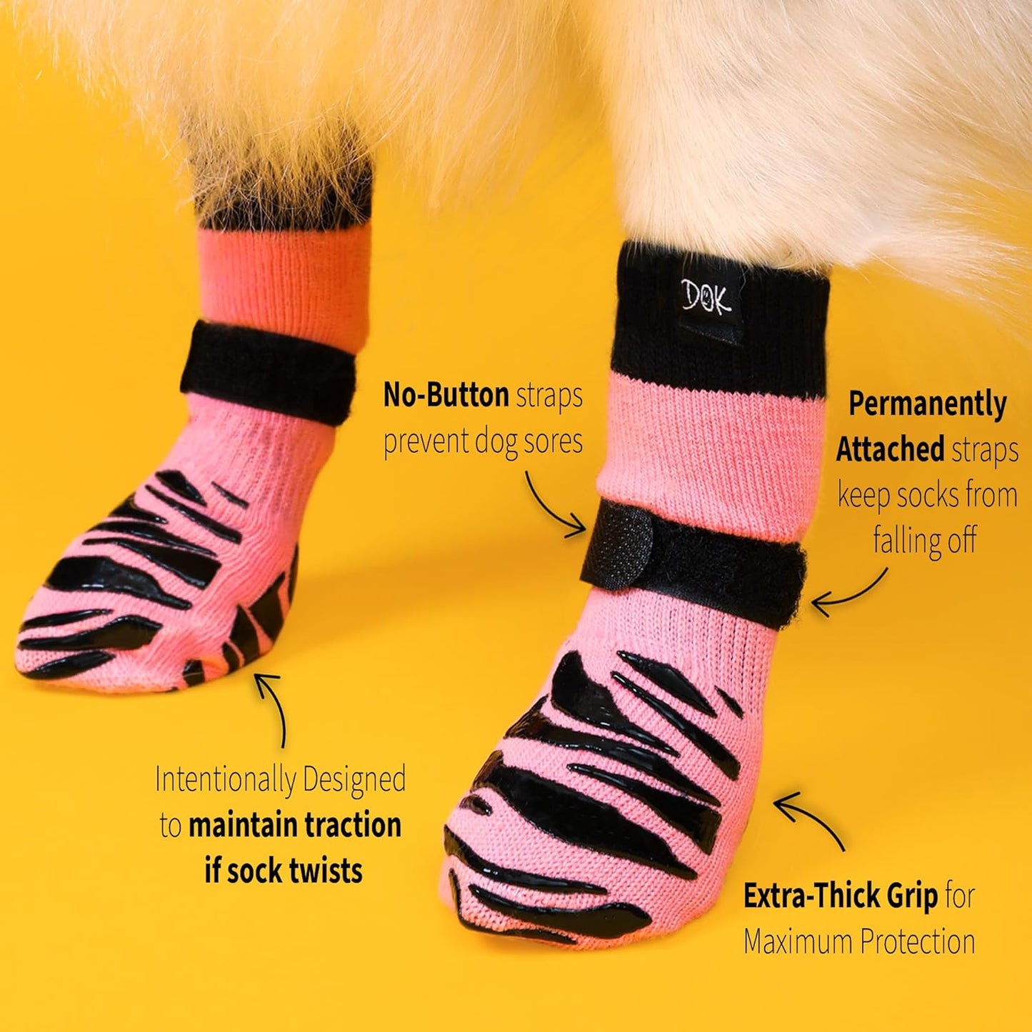 DOK TigerToes Premium Non-Slip Dog Socks for Hardwood Floors - Extra-Thick Grip That Works Even When Twisted - Prevents Licking, Slipping, and Great for Dog Paw Protection (Sassy Pink, Small)