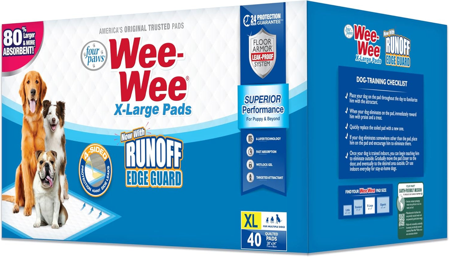 Four Paws Wee-Wee Superior Performance Pee Pads for Dogs with Runoff Barrier Edge Guard Protection, Puppy & Dog Potty Training Pads, Housebreaking Supplies, 28" x 34" (75 Count)