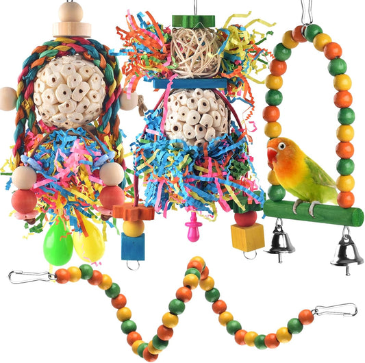 Bissap Conure Toys, 4 PCS Parrot Foraging Shredder Hanging Toys Sola Balls with Sand Hammer Perch Swing Climbing for Small Parrots Parakeets Conures Cockatiels Love Birds Cage Toy