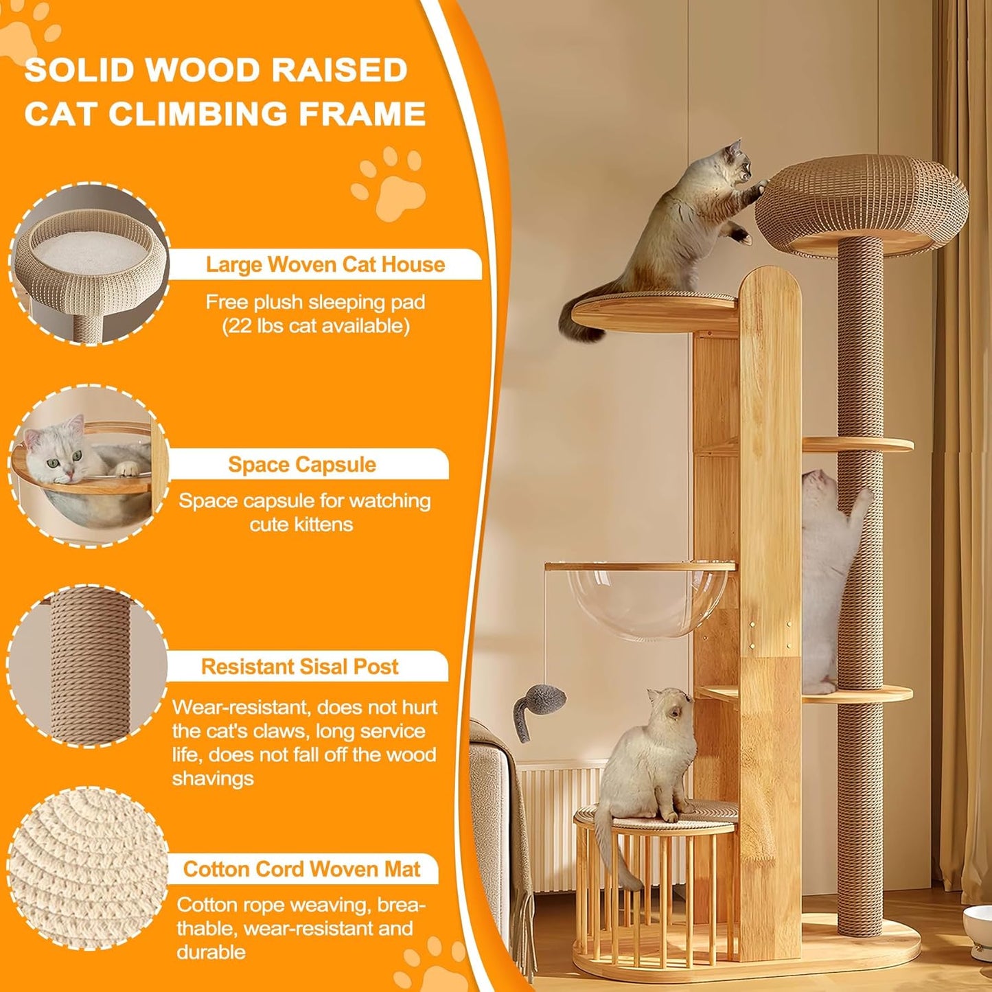 75 inch Cat Tree Tower for Indoor Cats Large Adult, Modern Big Cat Climbing Tower, Tall Cats Post, Corner Wood Cute Cat Condo with Sisal Scratching Posts
