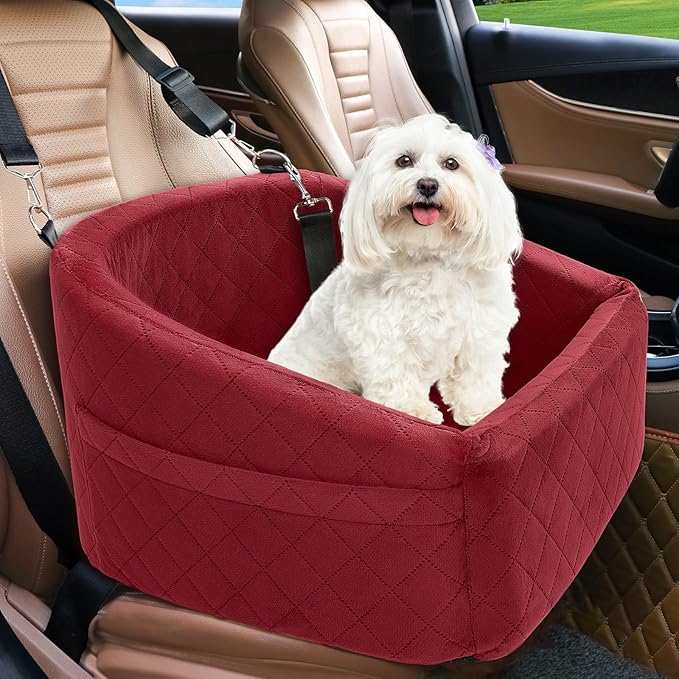 Dog Car Seat for Small Medium Dogs,Detachable Washable Dog Booster Seat Under 30lbs, Pet Car Seats Travel Bed with Storage Pockets and Safety Belt(Red)