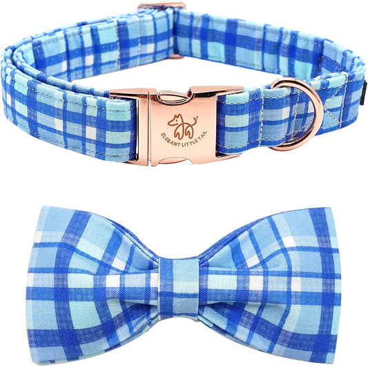 Elegant little tail Dog Collar with Bow - Blue Plaid Boy Dog Collar Cute Bowtie Pet Collar Adjustable Dog Collar for Large Dog
