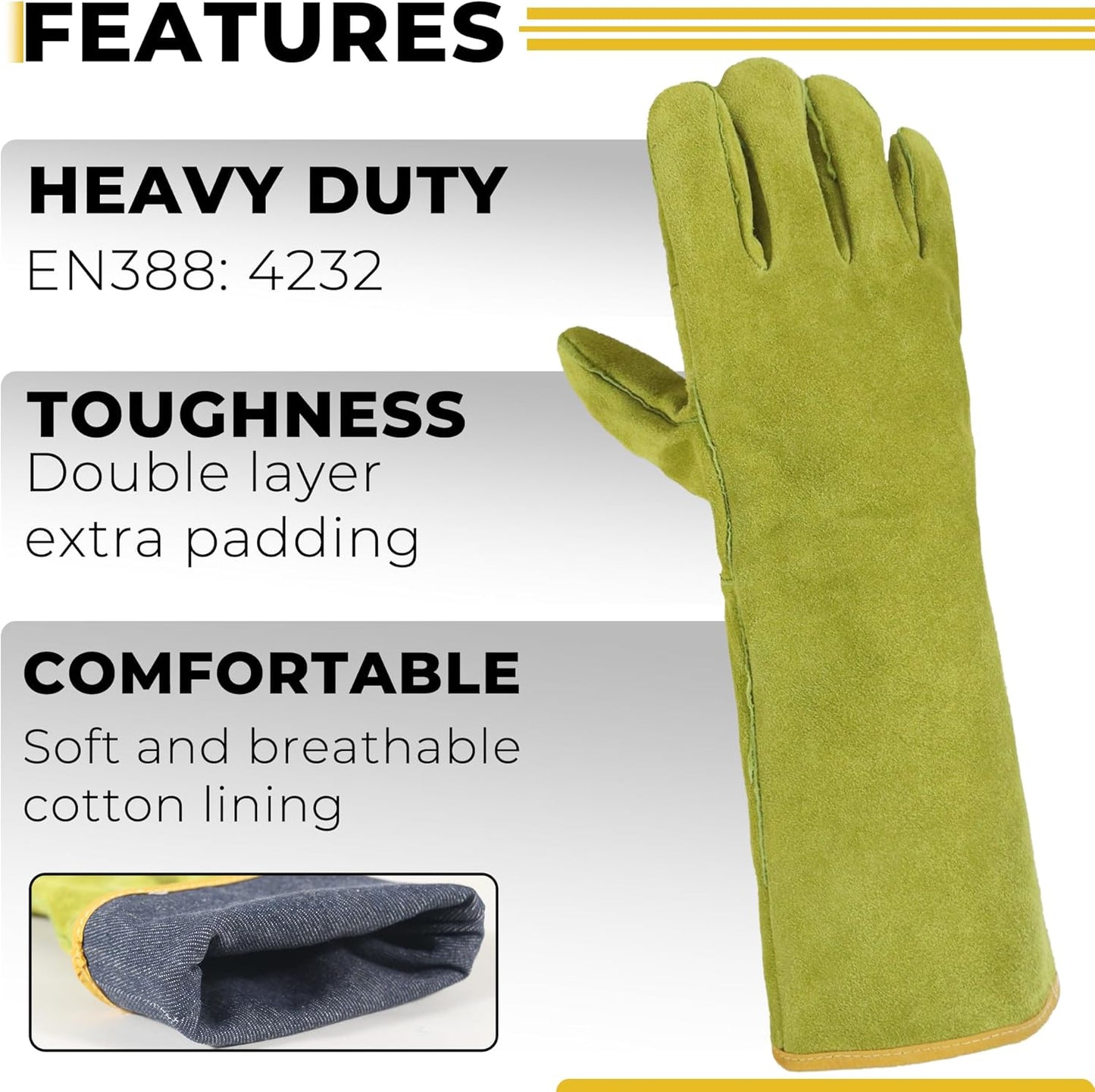 HANDLANDY Animal Handling Gloves, Bite Proof Cat Gloves, Ideal for Rose Pruning, Gardening, Falconry, Pet Grooming (Ginger yellow, 16 Inches)