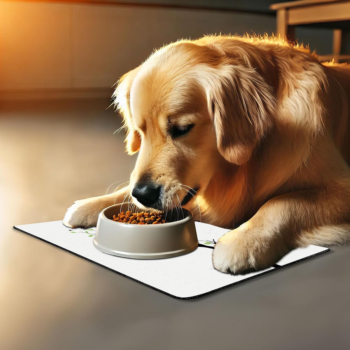 Lunarable Cat Lover Pet Mat for Food and Water, Animals in Love on Tree Branch Flying Birds Nature Romance Illustration, Non-Slip Rubber Mat for Dogs and Cats, 18" X 12", Lime Green