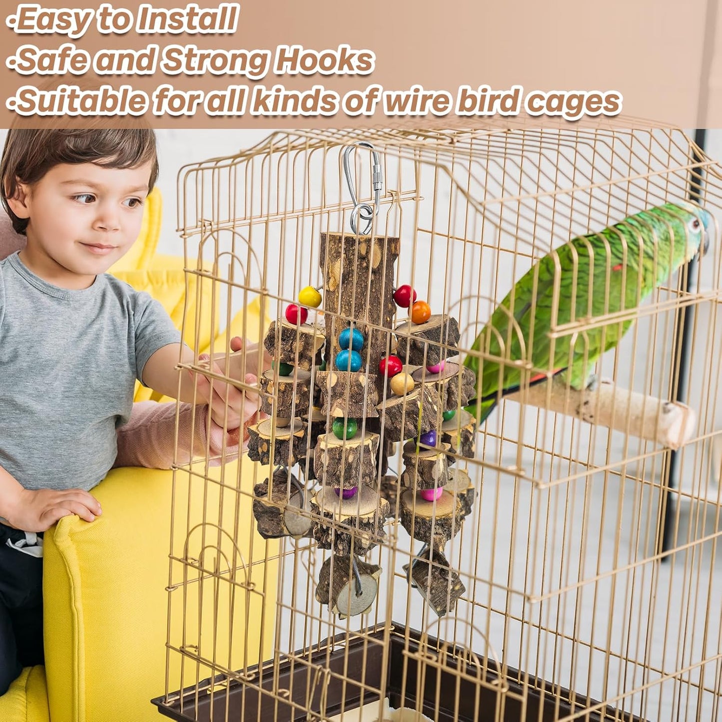 PINVNBY Large Bird Parrot Toys, Natural Wooden Blocks Chew Toy, Durable Cage Bite for African Grey Cockatoo Macaws Cockatiels Eclectus Large Medium Parrots (Small Size, Wire Link)