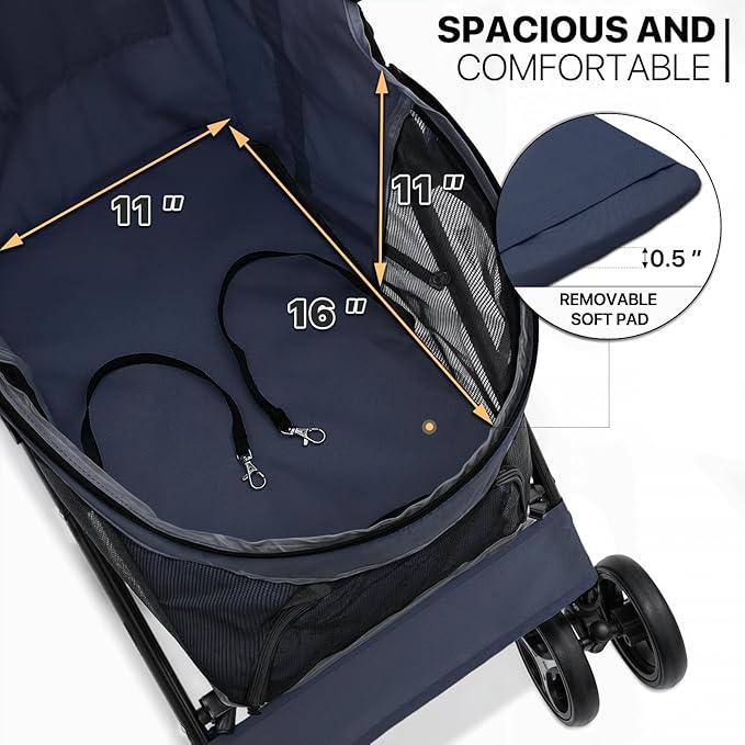 MoNiBloom 4 Wheels Pet Stroller, Easy-Fold Puppy Cage Jogger Stroller with Sun Cover, Pad and Rear Storage Bag, Breathable and Visible Mesh for Small/Medium Pets up to 22 lbs, Navy Blue