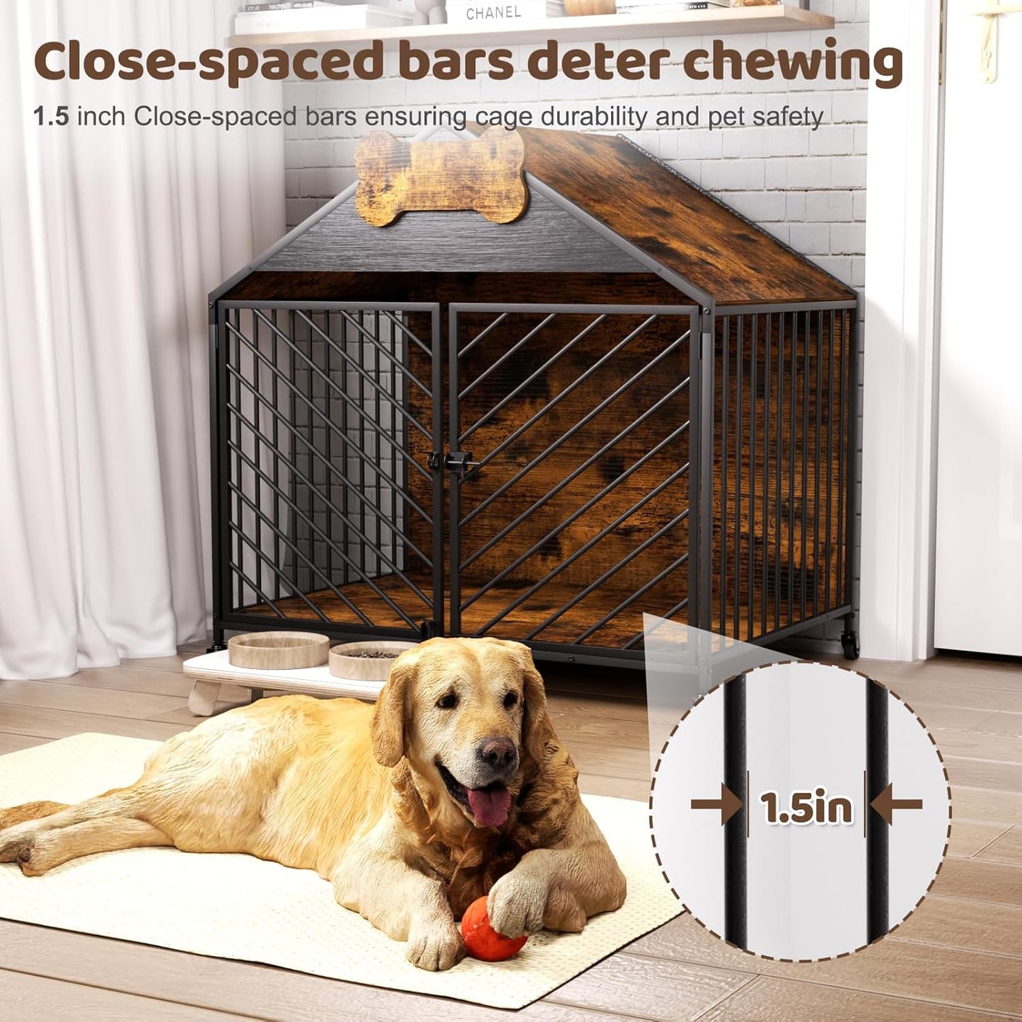 Furniture-Style Dog Crate with Gable Roof Design, Double Locking Doors Indoor Kennel for Small & Medium Dogs, Chew-Proof Escape-Proof Dog Cage, Rustic Brown