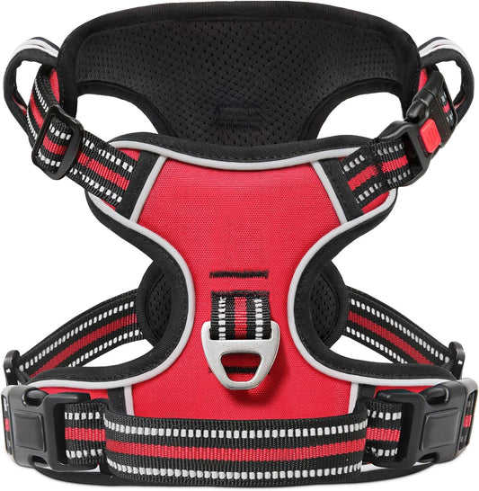 Timos Dog Harness Medium Sized, No Pull with Neck Lockable Snap,No Choke Front Clip Dog Reflective Harness,Adjustable Metal Rings 3 Buckles,Easy Control Handle for Medium Dogs Red M
