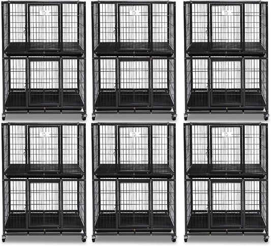 Homey Pet Six Packs 31 Inch Stackable Heavy Duty Dog Crate Cage Kennel with Four Lockable Wheels, Removable Tray, Escape Proof Wire Drop Dog Crates for Small Dogs (Two Tiers)