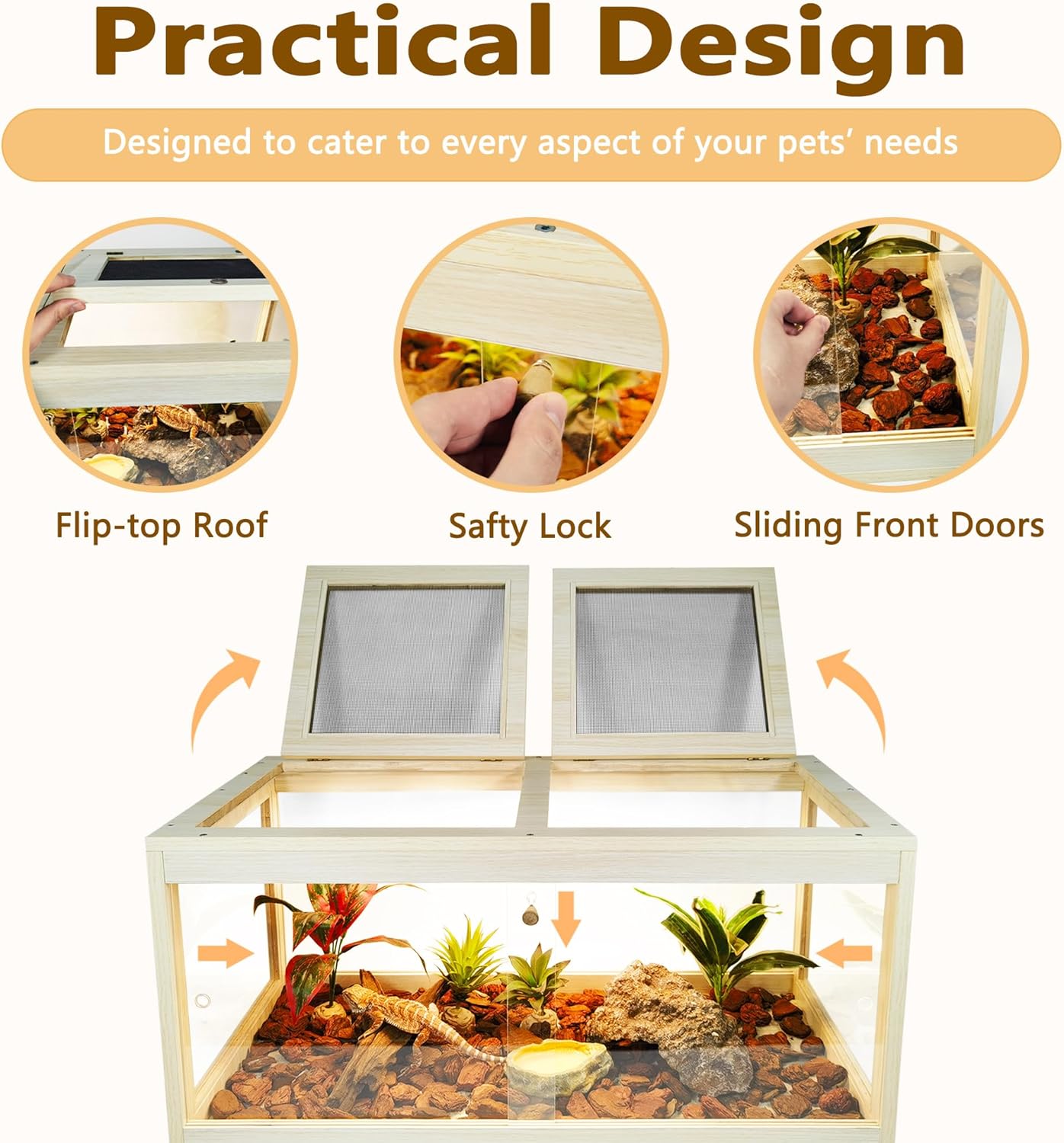 Bearded Dragon Tank with Legs Up to 77 Gallons, Tortoise Habitat with Metal Mesh Top, Reptile Enclosure Lockable Design, Snake Tank (Oak, 62 Gallon, 40" L x 20" W x 47.6" H)