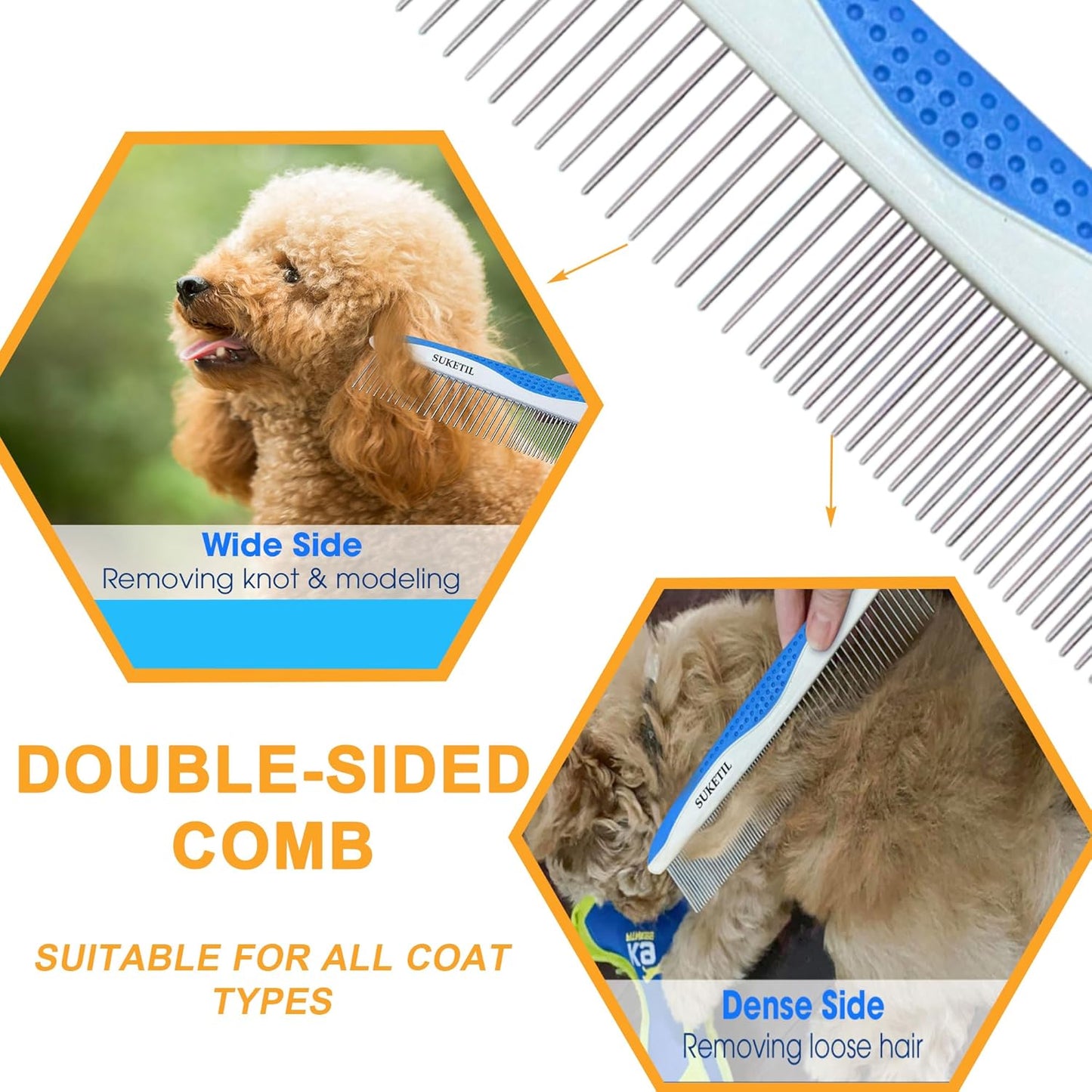 Dog Grooming Comb for Matting, Dog combs for grooming matting, Dematting Comb for Dogs and Cat with Stainless Steel Teeth & Non-Slip Handle (Style 1- Blue)