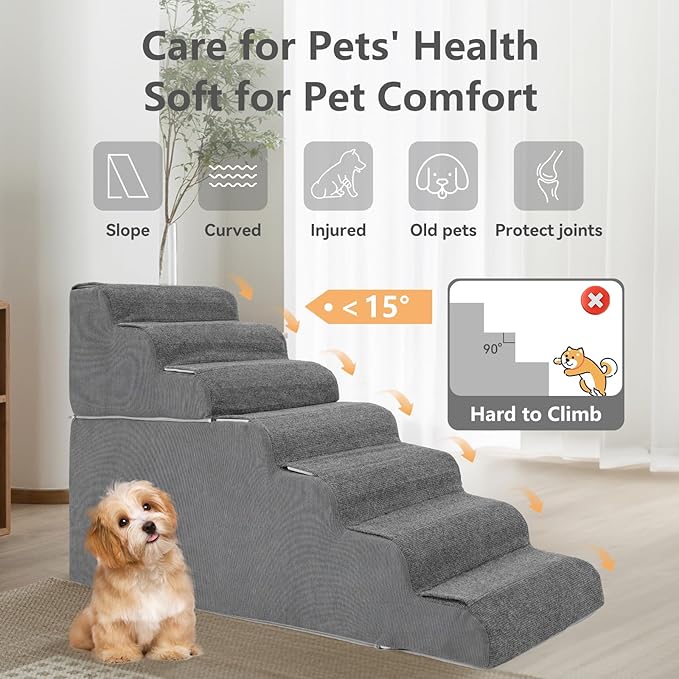 𝟳 𝗦𝘁𝗲𝗽𝘀 Dog Steps for High Bed, 30'' High Dog Stairs for Small Dogs, Waterproof Pet Stairs for Small Old Large Dogs and Cats with Removable Cover & PE Support Board for Bed, Car or Couch