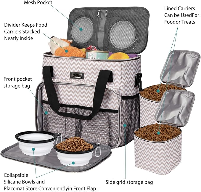 BAGLHER Dog Travel Bag, Pet Travel Bag (ALL Pet Travel Supplies), With 2 Pet Food Containers and 2 Collapsible Silicone Bowls; Essential Kits for Pet Travel BLW