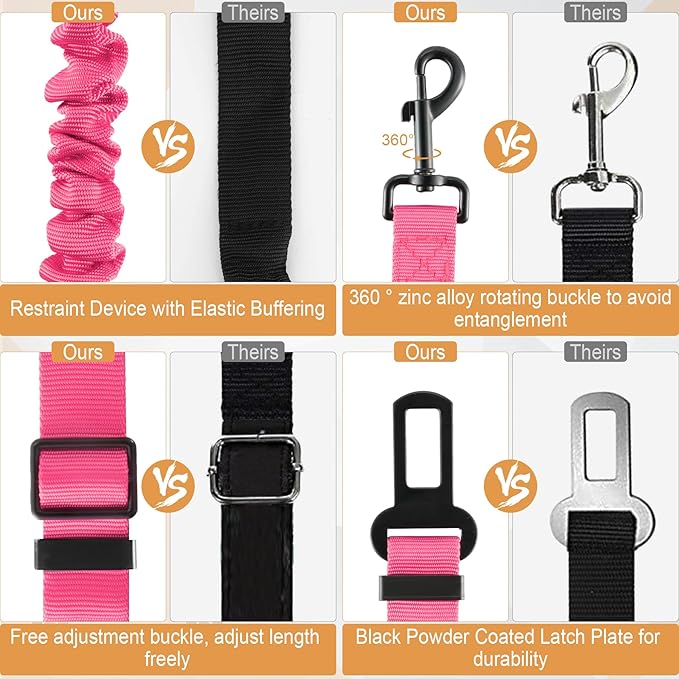 LivTee Dog Seat Belt for Car, Retractable Pet Safety Harness, Adjustable Nylon Dog Seatbelt Leash, Comfortable Dog Accessories for Vehicles (Pink-1PCS)