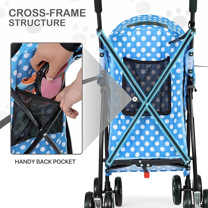 MoNiBloom 4 Wheels Pet Stroller, Easy-Fold Umbrella Shaped Dog Cat Jogger Stroller w/Storage Bag & Visible Mesh for Small/Medium Dogs Cats Sky Blue Polka Dots