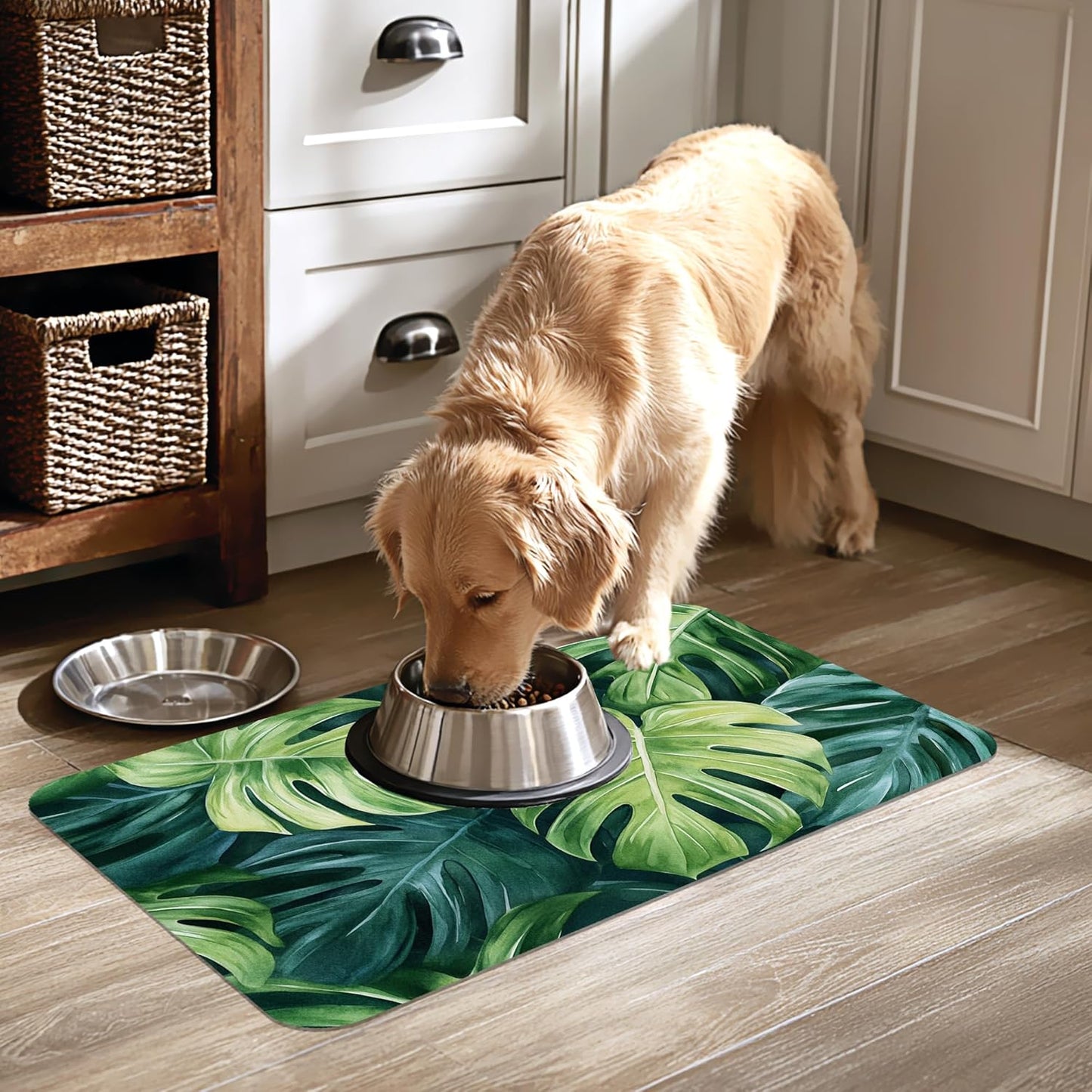 Tropical Palm Leaves Pet Feeding Mat-Quick Dry Absorbent Dog Cat Food Mat, Anti-Slip Water Bowl Mats for Messy Eaters-No Stains Indoor Pet Accessories 16"x24"